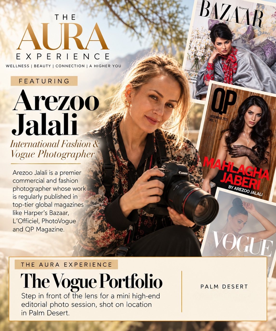 Arezoo Jalali, International Fashion and Vogue Photographer. The Vogue Portfolio: a mini high-end editorial photo session shot on location in Palm Desert.