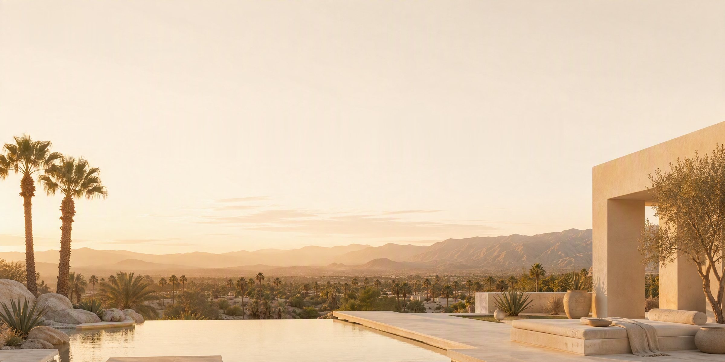 A private desert home with an infinity pool at golden hour, overlooking the mountains of Palm Desert